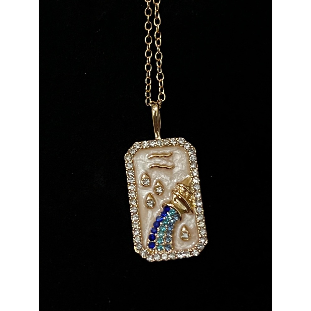 Mayamar Aquarius Zodiac Pendant Necklace 24K Gold Plated Crystal Enamel Tag Gift